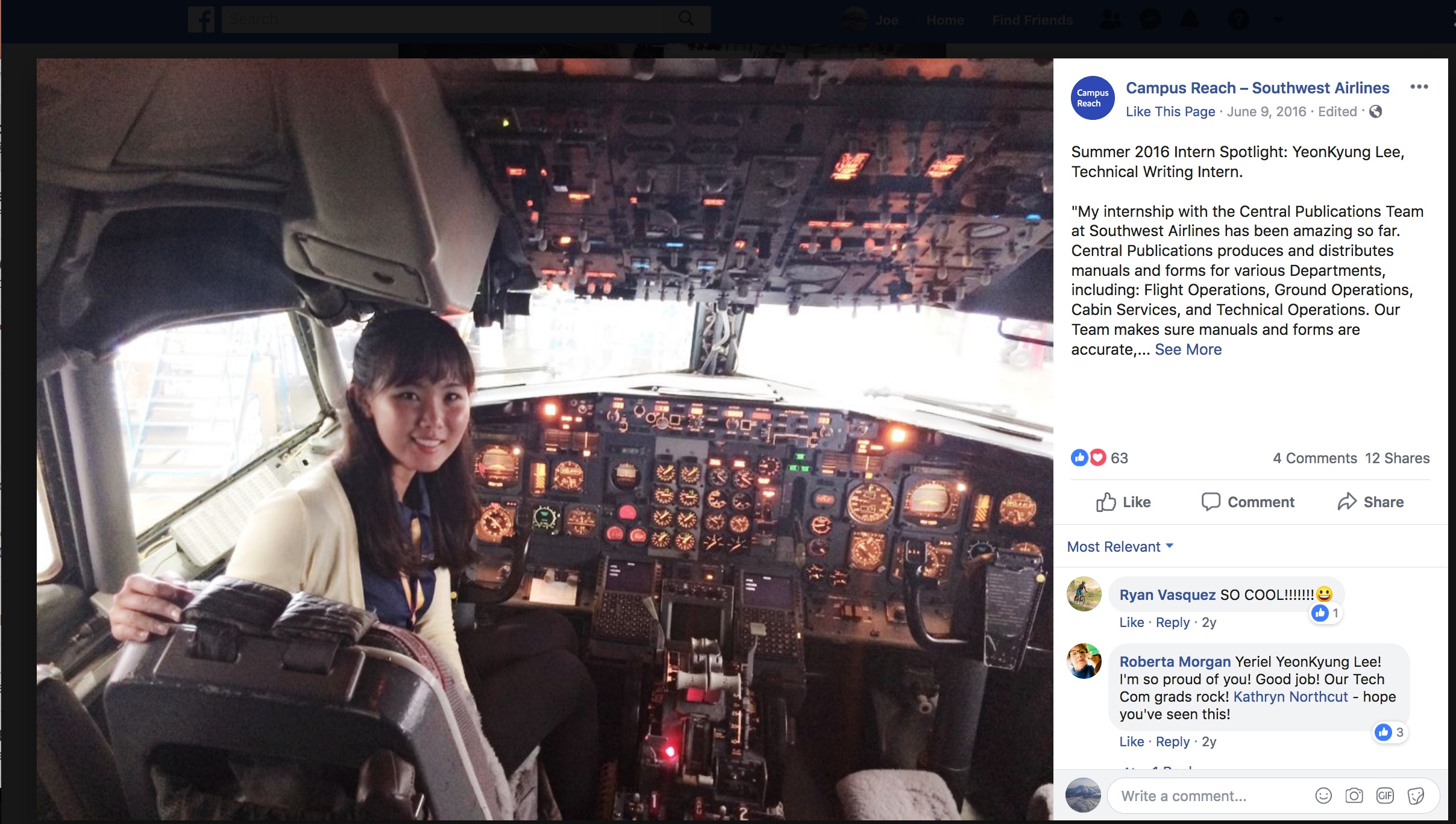 a photo of Yeriel Lee in her internship with Southwest Airlines