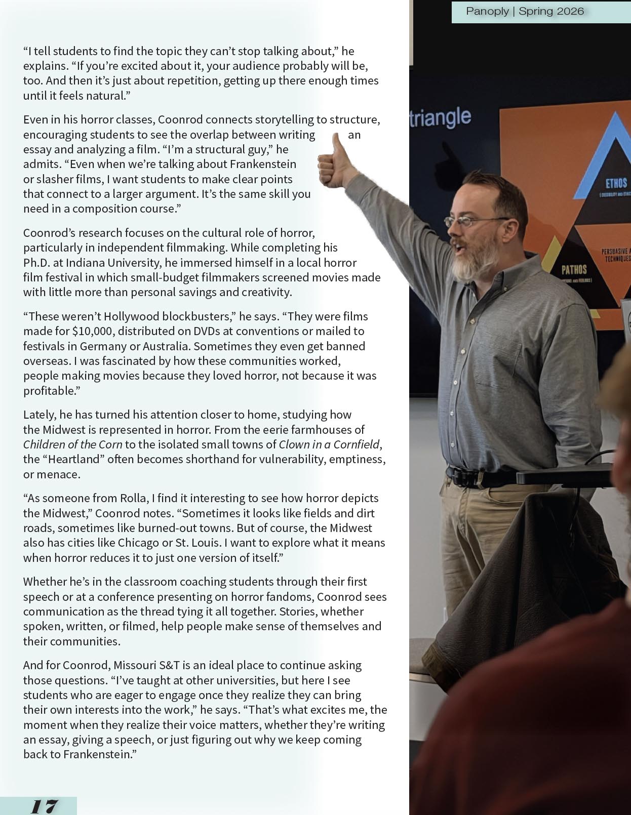 Panoply magazine page with photo of Professor Joshua Coonrod gesturing while teaching and article on how the Midwest influences his horror research and communication teaching at Missouri S&T.