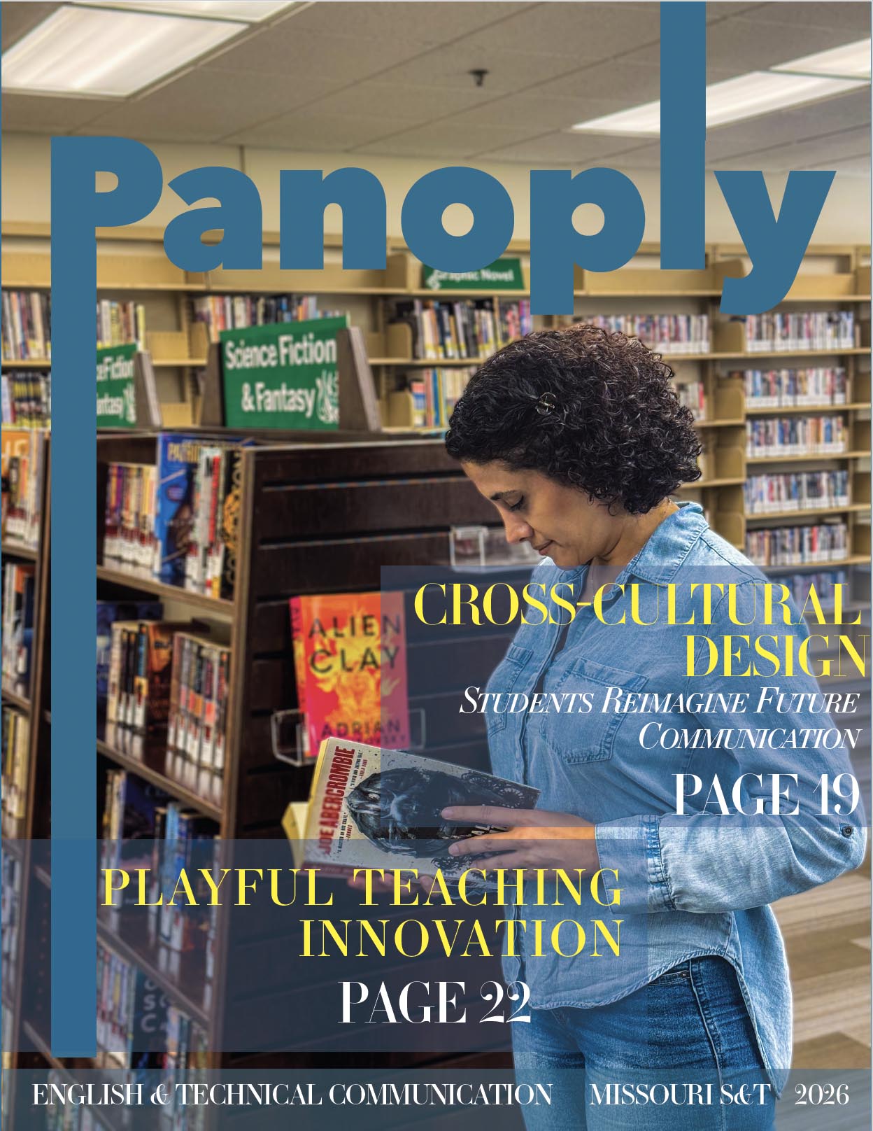 Panoply magazine cover with photo of Bahar Gholinejad-Pirbazari reading in a library and highlights of English and Technical Communication features on cross-cultural design and playful teaching innovation at Missouri S&T.