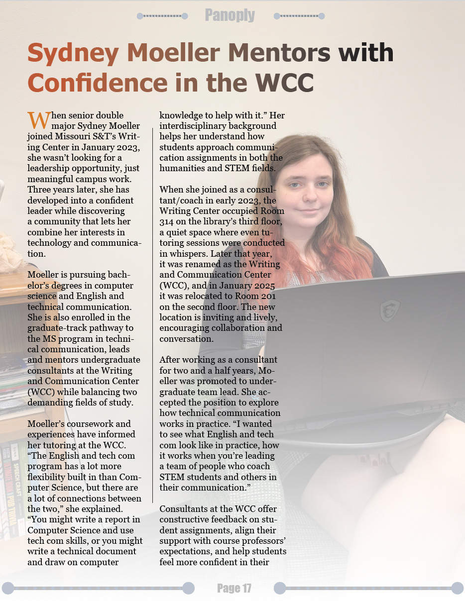 Panoply magazine page with photo of Sydney Moeller and article on her leadership role at Missouri S&T’s Writing and Communication Center.