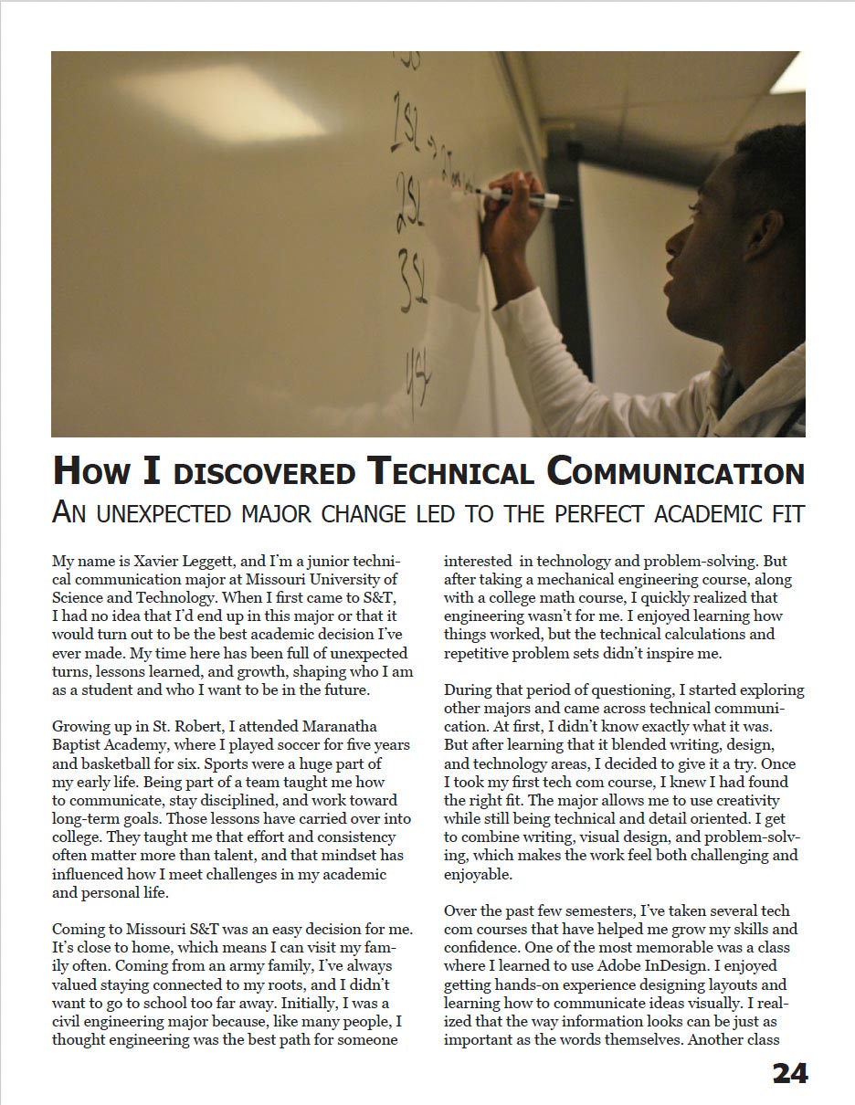 Panoply magazine page with photo of Xavier Leggett and article on discovering technical communication as his academic major.