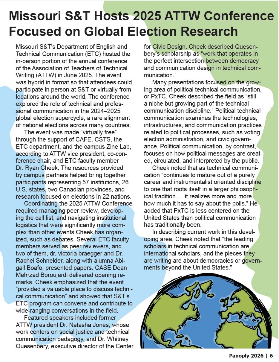 Panoply magazine page with illustration of a globe and article on Missouri S&T hosting the 2025 ATTW conference focused on global election research in technical communication.