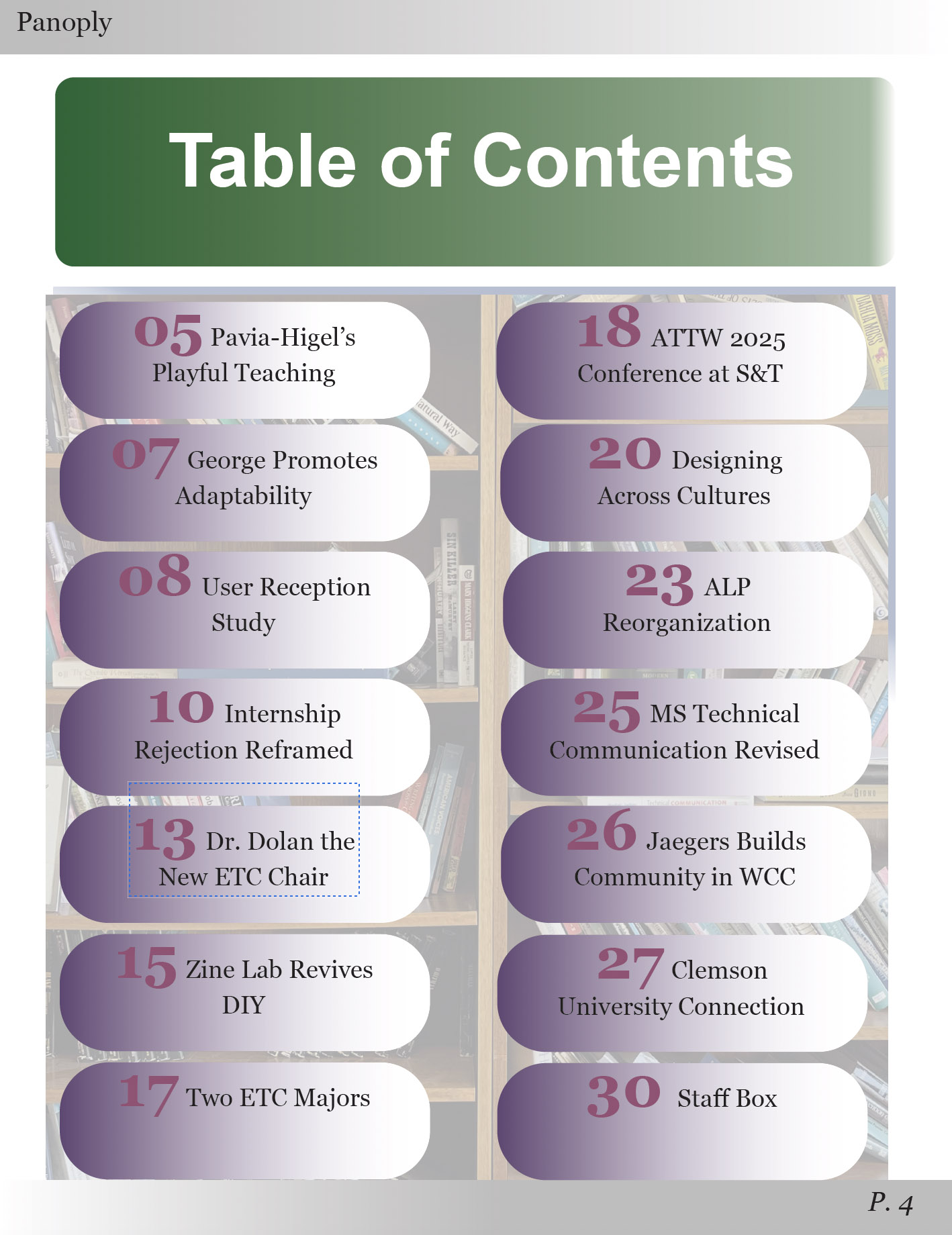 Panoply magazine page with table of contents listing articles and features in the 2026 issue.