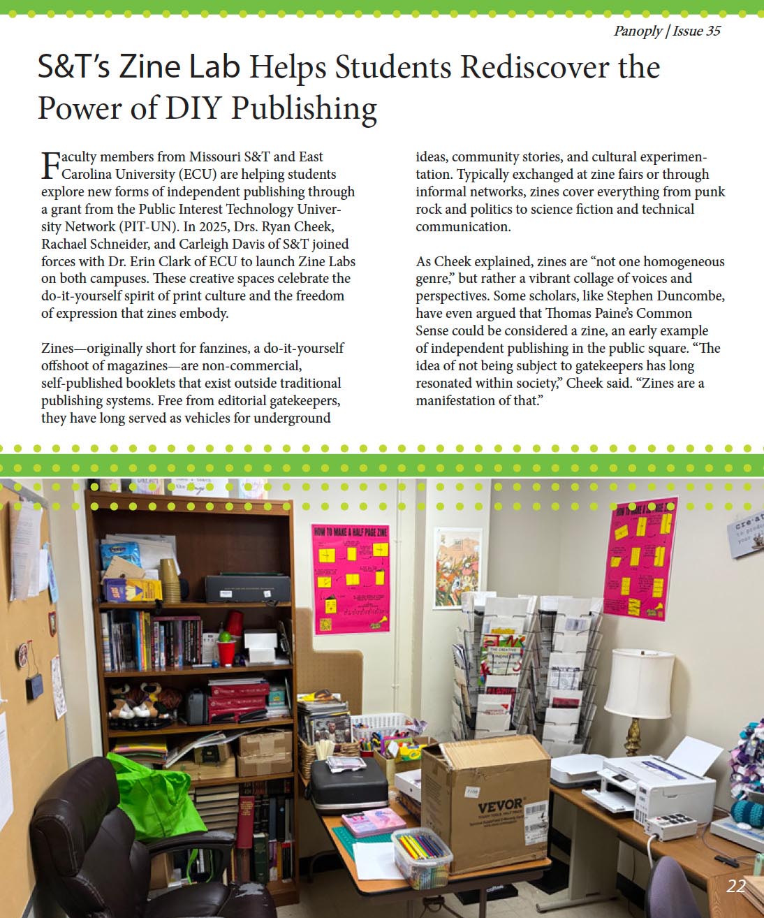 Panoply magazine page with photo of the Missouri S&T Zine Lab and article on how the Zine Lab helps students rediscover DIY publishing.