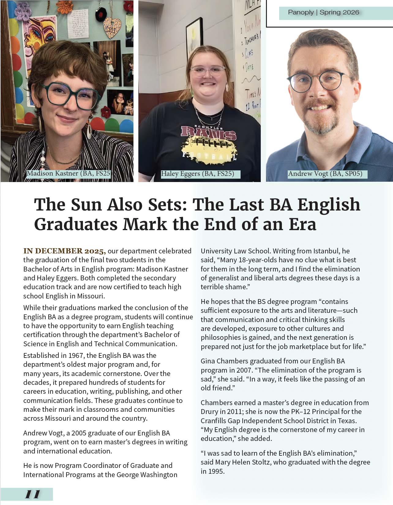 Panoply magazine page titled ‘The Sun Also Sets’ with portraits of Madison Kastner, Haley Eggers, and Andrew Vogt about the end of the BA English program.