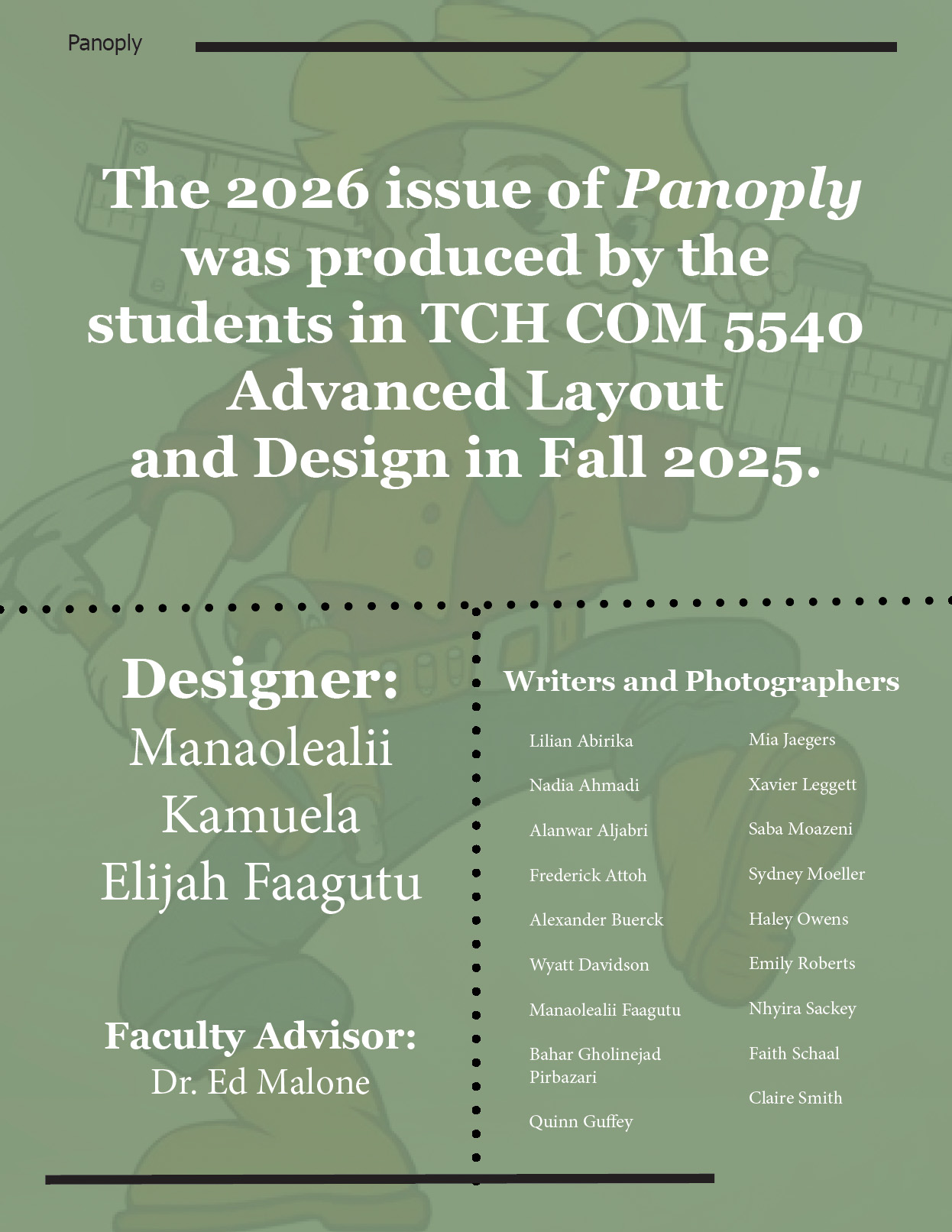 Panoply magazine page with production credits and article text noting the 2026 issue was produced by Missouri S&T technical communication students in TCH COM 5540.