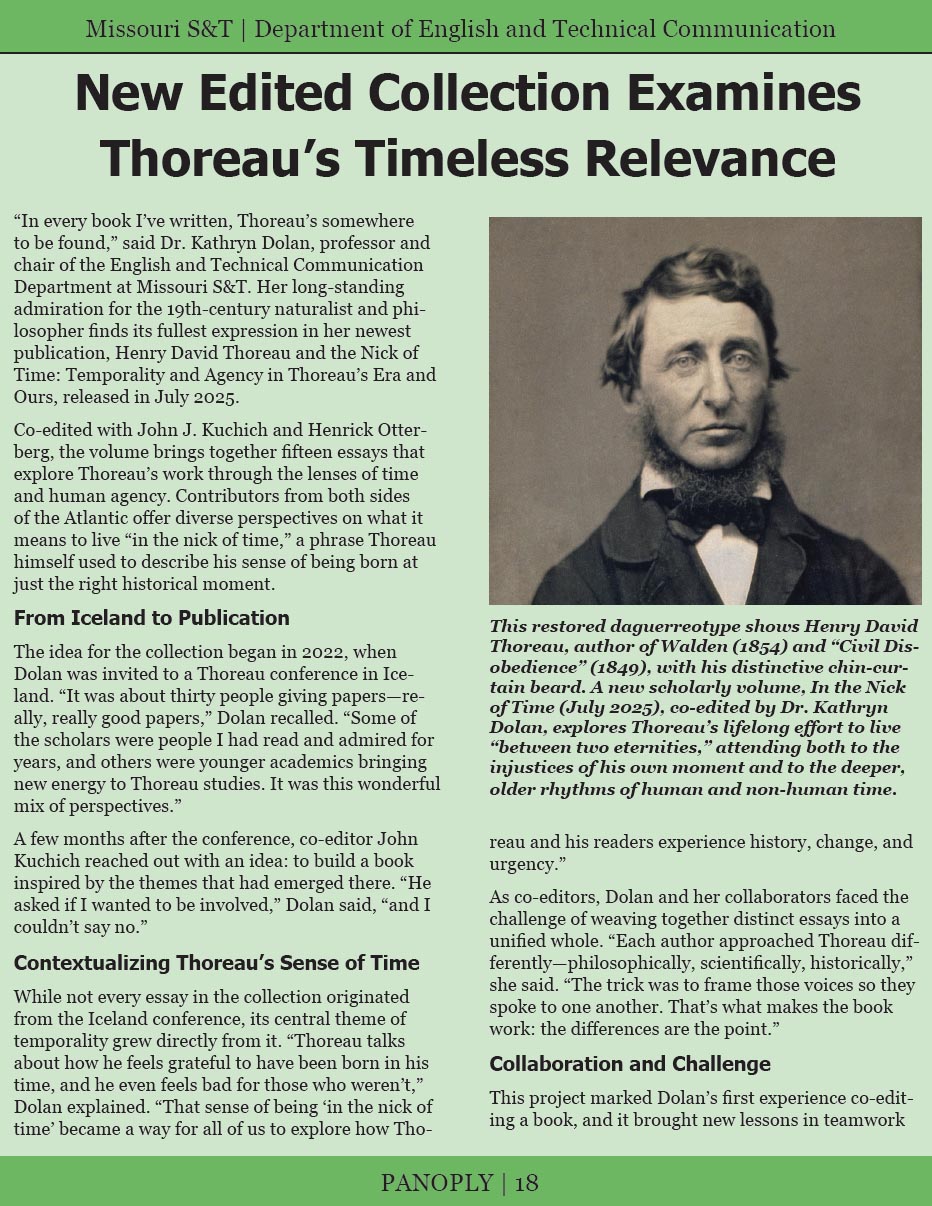 Panoply magazine page with portrait of Henry David Thoreau and article on a new edited collection examining Thoreau’s relevance by Missouri S&T professor Kathryn Dolan.