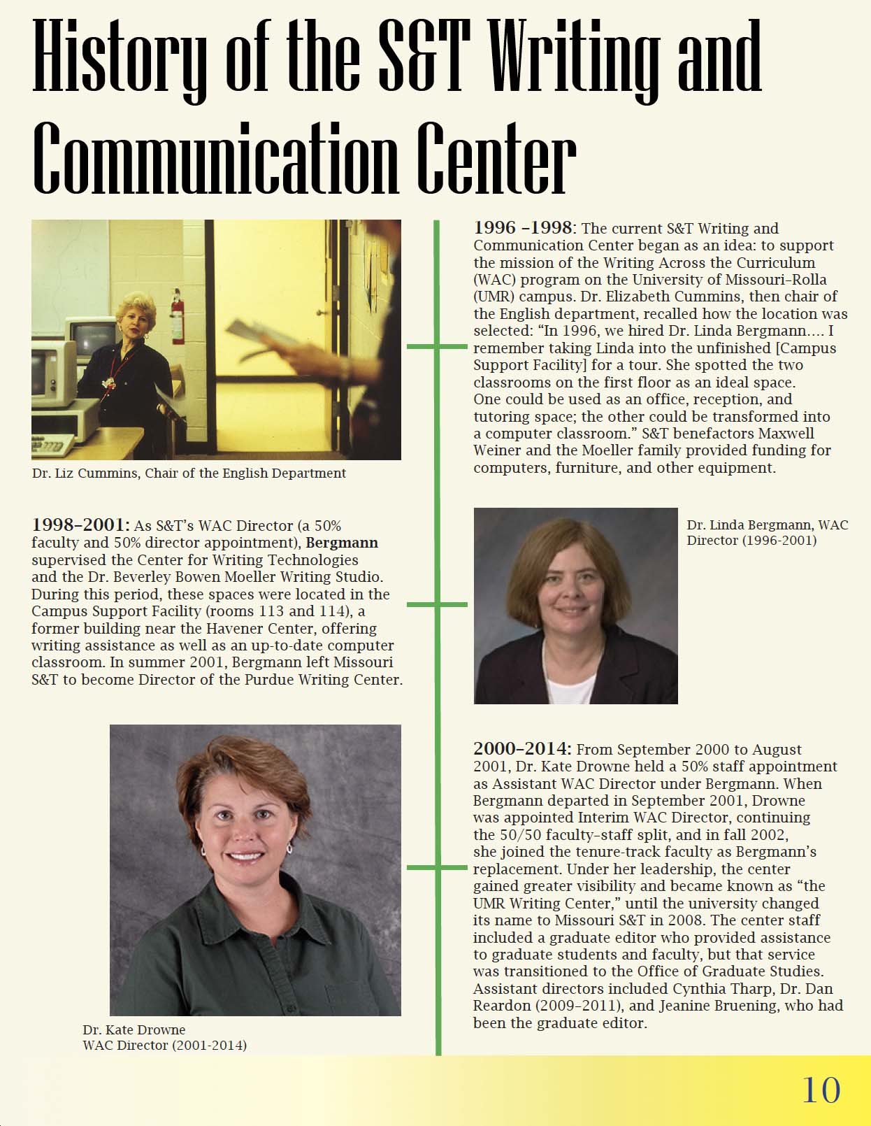 Panoply magazine page with photos of Liz Cummins, Linda Bergmann, and Kate Drowne and article on the history of the Missouri S&T Writing and Communication Center.