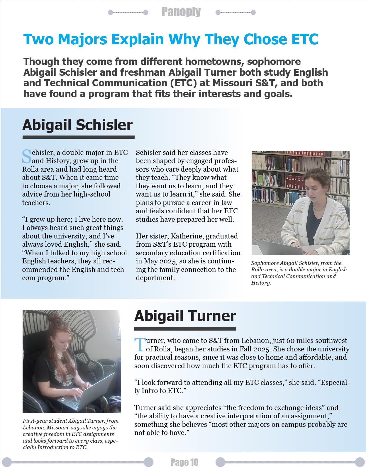 Panoply magazine page with photos of students Abigail Schisler and Abigail Turner and article on why two Missouri S&T ETC majors chose the English and Technical Communication program.