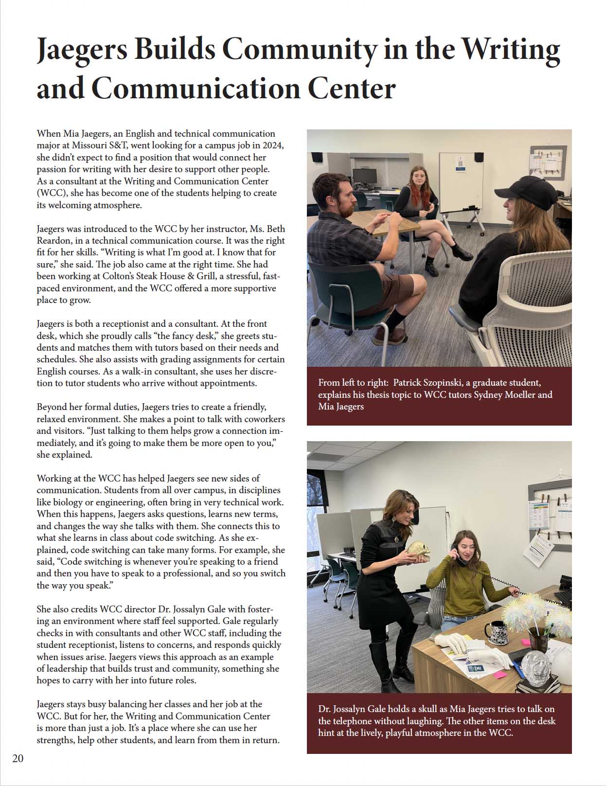 Panoply magazine page with photos of Mia Jaegers and Writing and Communication Center tutors and article on building community in Missouri S&T’s Writing and Communication Center.