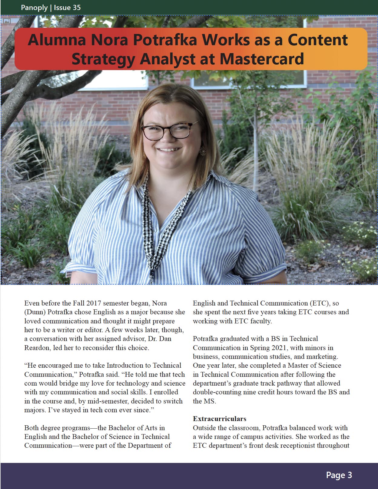 Panoply magazine page with photo of alumna Nora Potrafka outdoors and article on her path from Missouri S&T technical communication graduate to content strategy analyst at Mastercard.