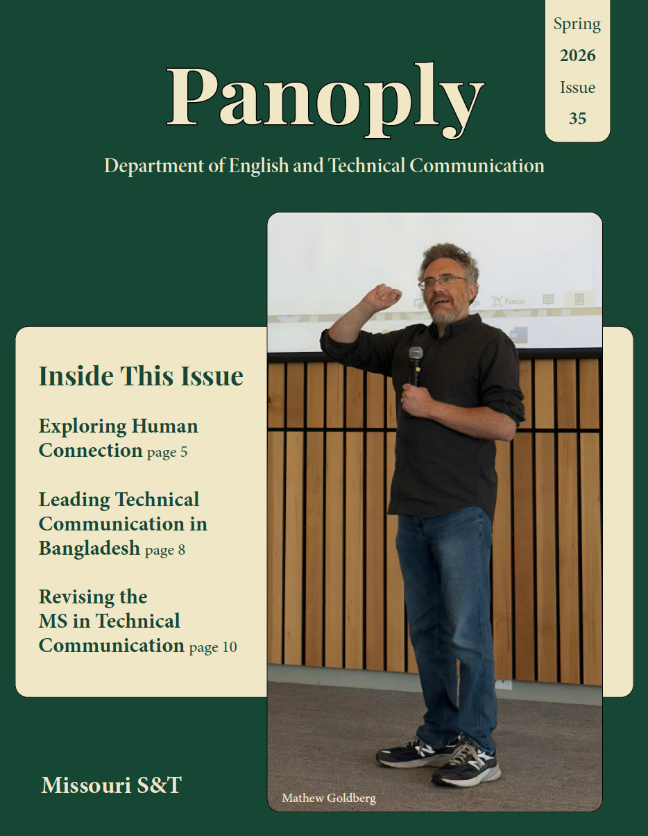 The cover of Panoply 2026 shows Professor Mathew Goldberg giving a lecture. The cover also advertises several stories in the 2026 issue.