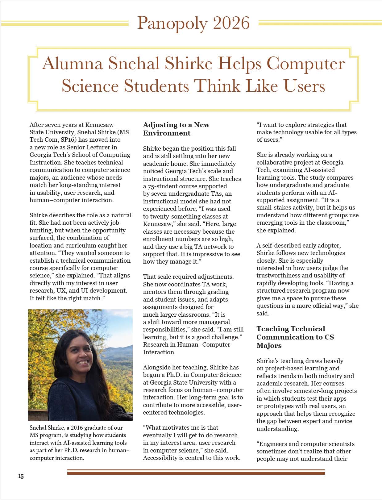 Panoply magazine page with photo of Snehal Shirke and article on her work helping computer science students think like users through technical communication and human–computer interaction.