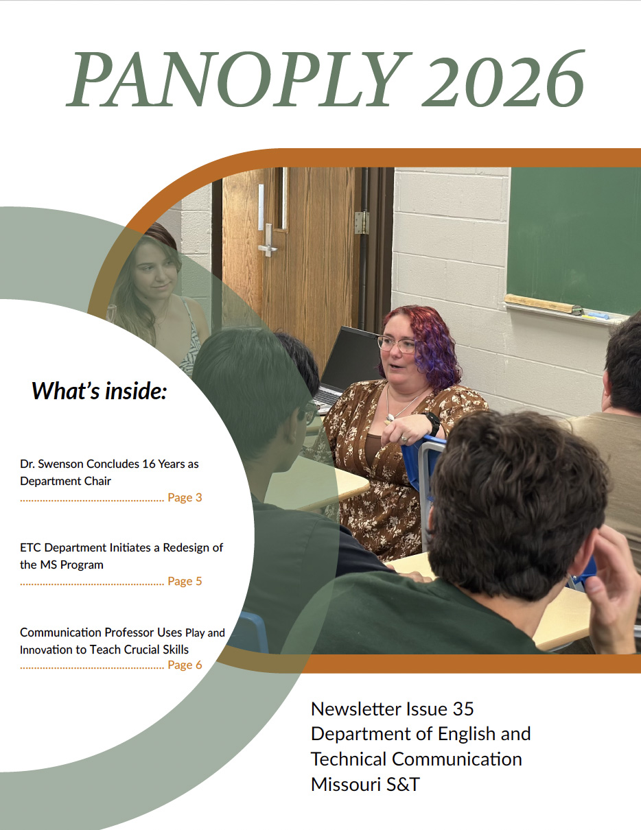 Panoply magazine cover page with photo of a classroom discussion and text introducing the 2026 issue of Missouri S&T’s English and Technical Communication newsletter.