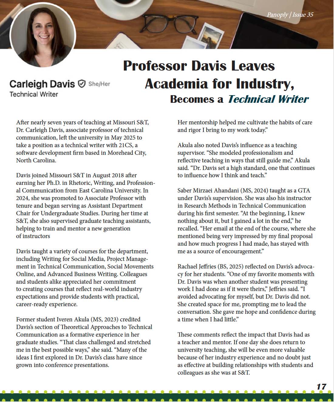 Panoply magazine page with photo of Dr. Carleigh Davis and article on her transition from Missouri S&T professor to industry technical writer.