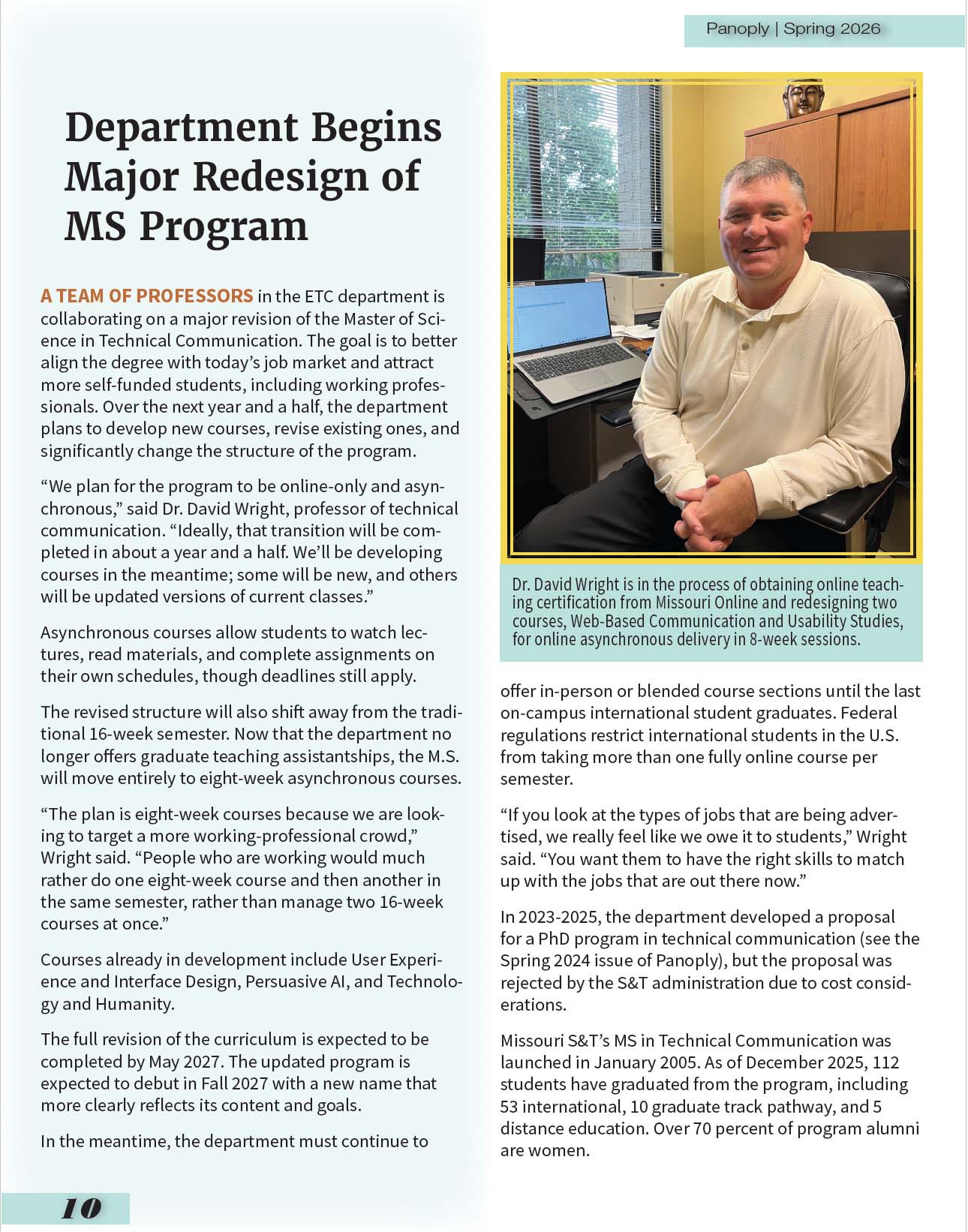 Panoply magazine page with photo of Professor David Wright in his office and article on the ETC department’s redesign of Missouri S&T’s MS in Technical Communication program.