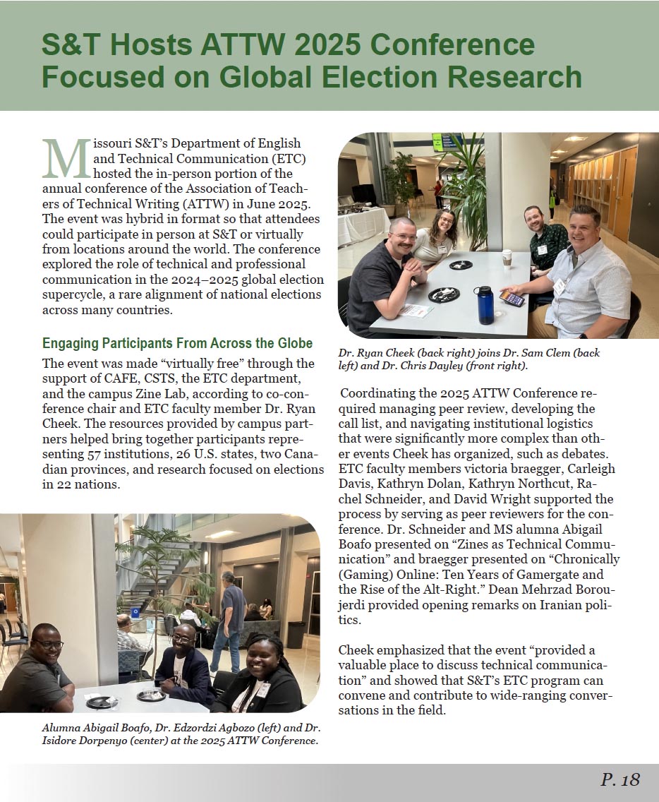 Panoply magazine page with photos of ATTW conference participants and article on Missouri S&T hosting the 2025 ATTW conference focused on global election research.