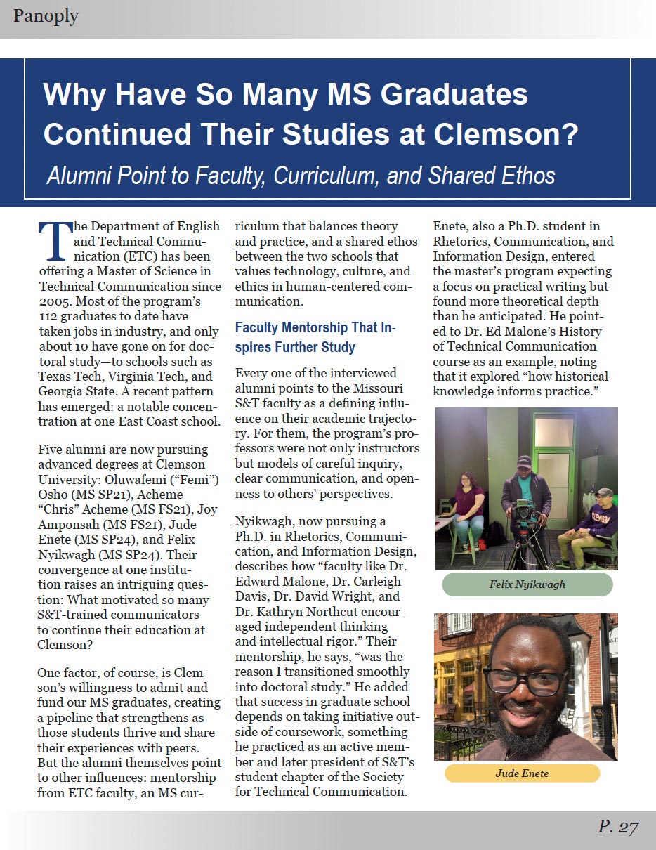 Panoply magazine page with photos of Felix Nyikuwagh and Jude Enete and article on Missouri S&T technical communication MS graduates continuing their studies at Clemson University.