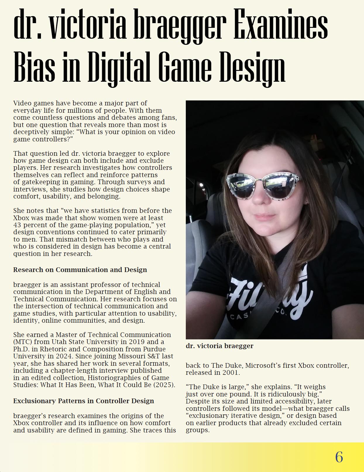 Panoply magazine page with photo of Professor victoria braegger and article on her research examining bias and exclusion in digital game design.