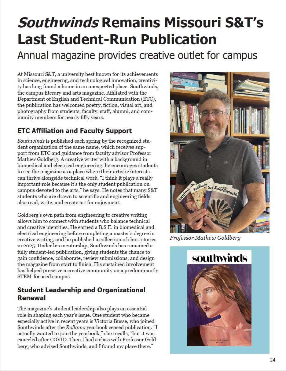 Panoply magazine page with photo of Mathew Goldberg and article on Southwinds remaining Missouri S&T’s last student-run publication.