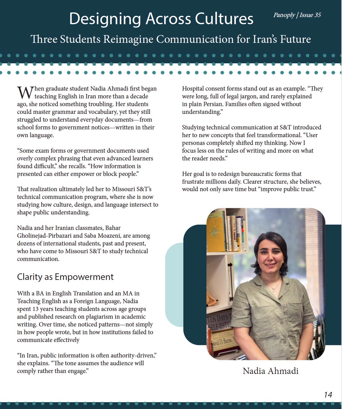 Panoply magazine page with photo of Nadia Ahmadi and article on international students reimagining communication design for Iran’s future through technical communication at Missouri S&T.