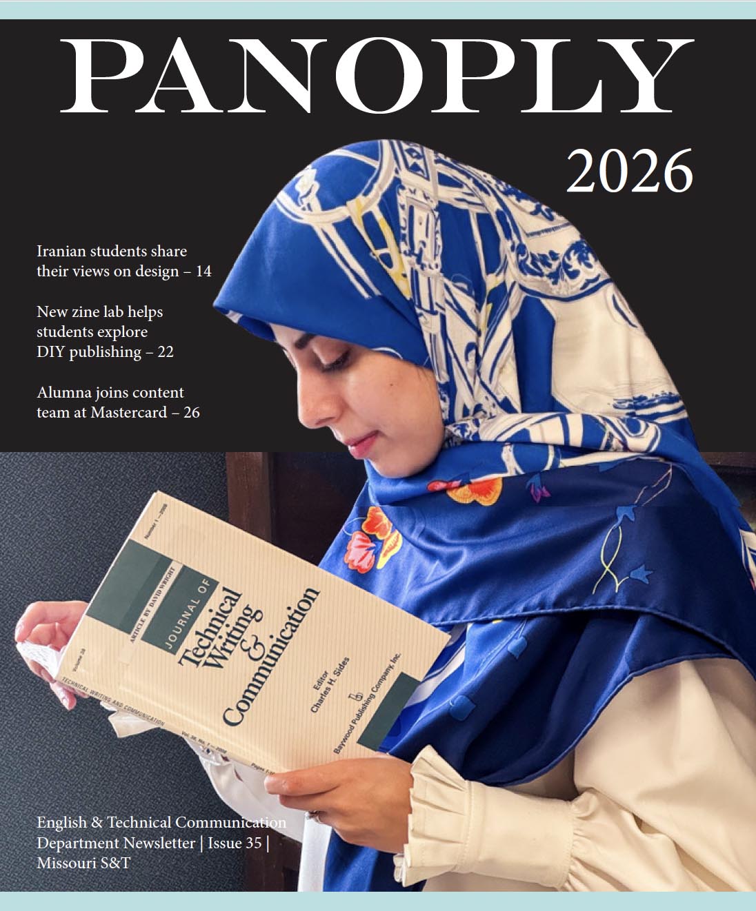Panoply magazine cover page with photo of a student reading a technical writing and communication journal and text introducing the 2026 issue of Missouri S&T’s English and Technical Communication newsletter.