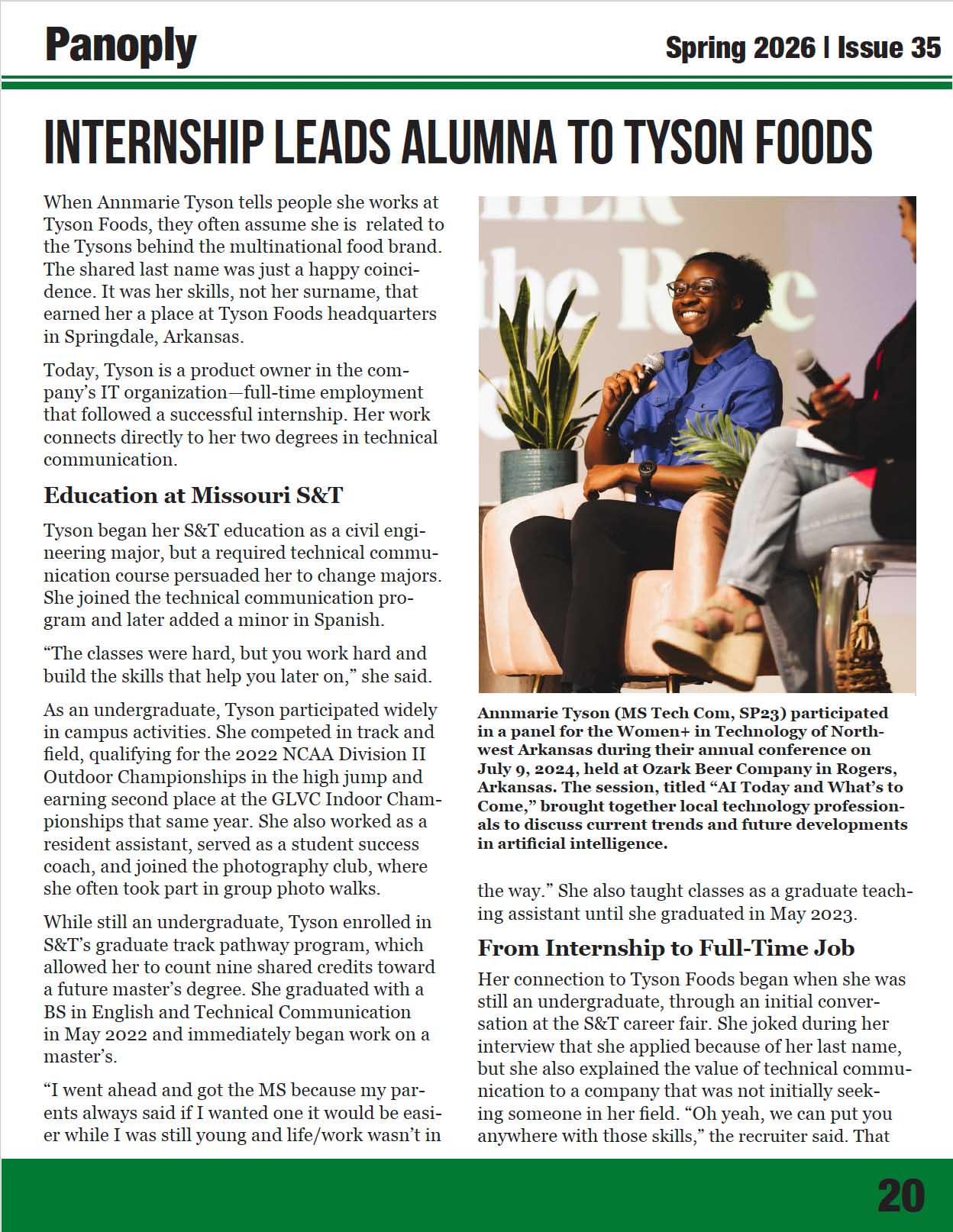 Panoply magazine page with photo of Annmarie Tyson and article on her internship leading to a career at Tyson Foods after studying technical communication at Missouri S&T.